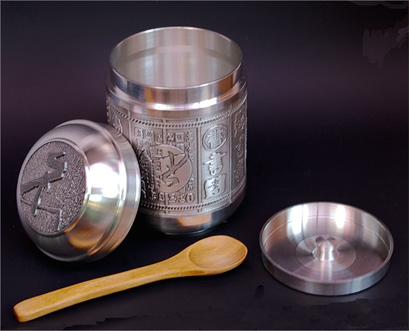純錫97％の錫製茶缶 大口書法O